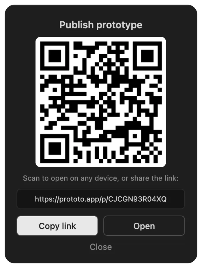 Publish dialog showing a QR code and a share link